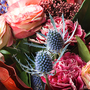 A vibrant bouquet contains numerous pink roses, pink carnations, and spiky blue thistles amidst lush green leaves, creating a rich, colorful floral arrangement.